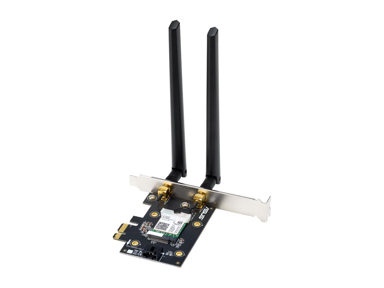 ASUS PCE-AX3000 Wireless Adapter PCI Express 802.11a: 6,9,12,18,24,36,48,54 Mbps 802.11b: 1, 2, 5.5, 11 Mbps 802.11g: 6,9,12,18,24,36,48,54 Mbps 802.11n: up to 300 Mbps 802.11ac (5GHz): up to 1733 Mbps 802.11ax (2.4GHz): up to 574 Mbps 802. 4