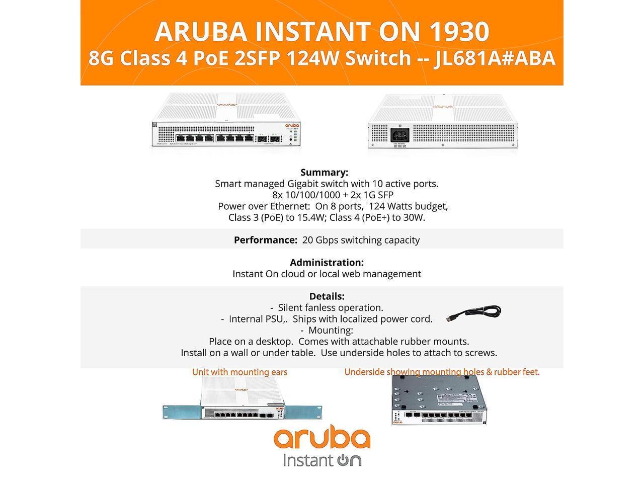 Aruba Instant On 1930 8-Port PoE Gb Ethernet 8xGE PoE (124W), 2X 1G SFP, L2+ Smart Switch US Cord (JL681A#ABA) 4