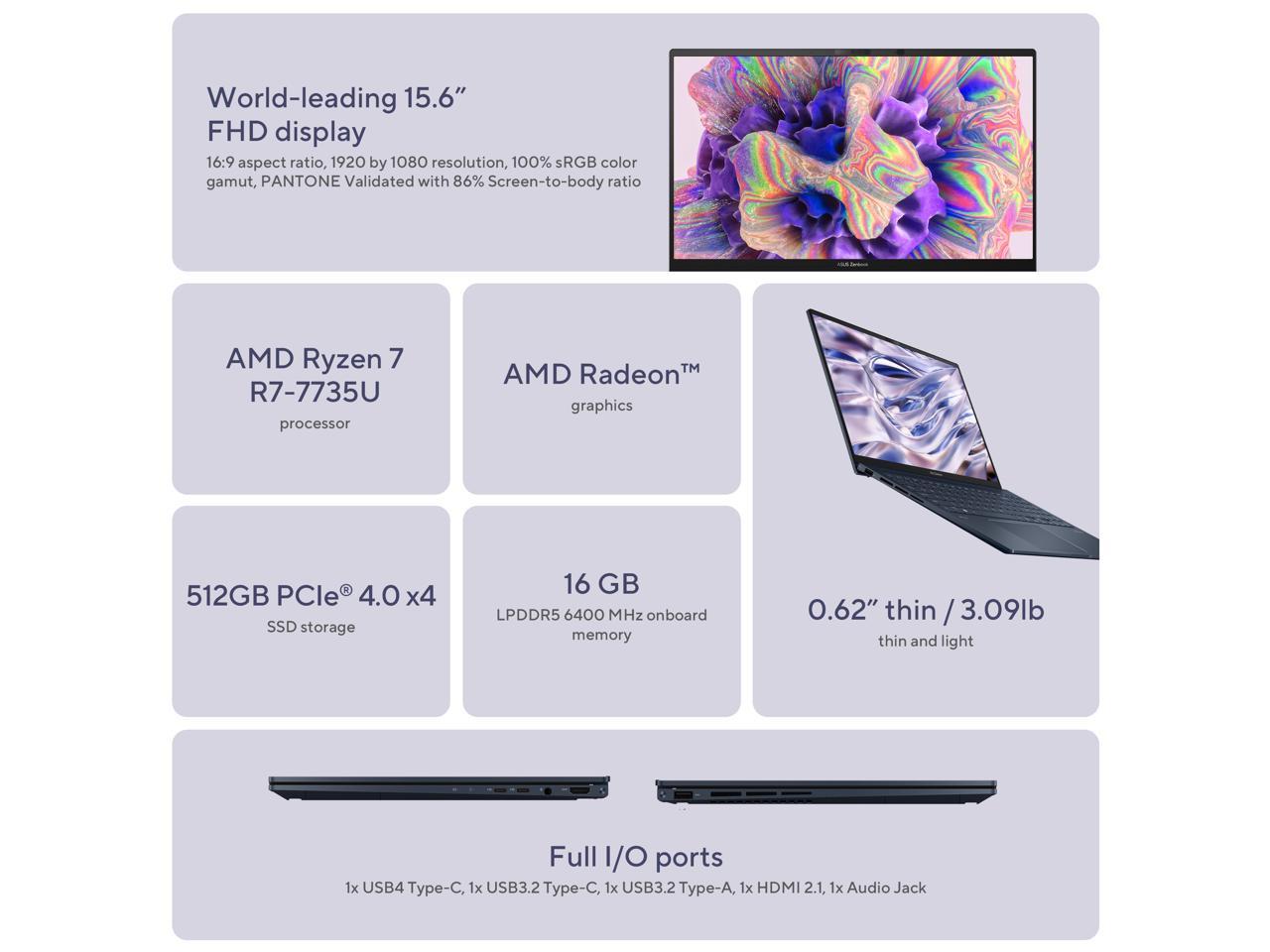 2023 ASUS Zenbook 15 laptop, 15.6” FHD Display, AMD Ryzen 7 7735U CPU, AMD Radeon Graphics, 16GB RAM, 512GB SSD, Windows 11 Home, Ponder Blue, UM3504DA-NB74 5