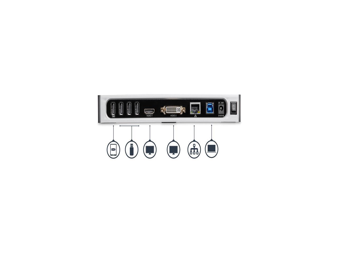 StarTech.com DK30ADD USB 3.0 Dual Monitor Docking Station / Mac & Windows / USB to HDMI / USB to VGA or DVI / Port Replicator / 6 x USB 3.0 5