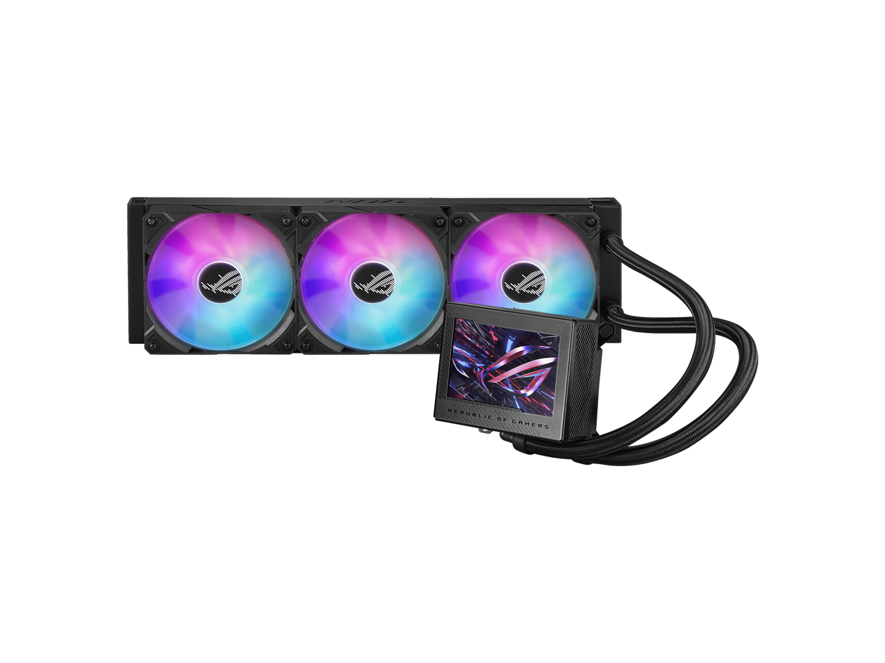 ASUS ROG Ryujin III 360 ARGB all-in-one liquid CPU cooler with 360mm radiator. Asetek 8th gen pump, 3x magnetic 120mm ARGB fans (Daisy Chain design), 3.5” LCD display 2