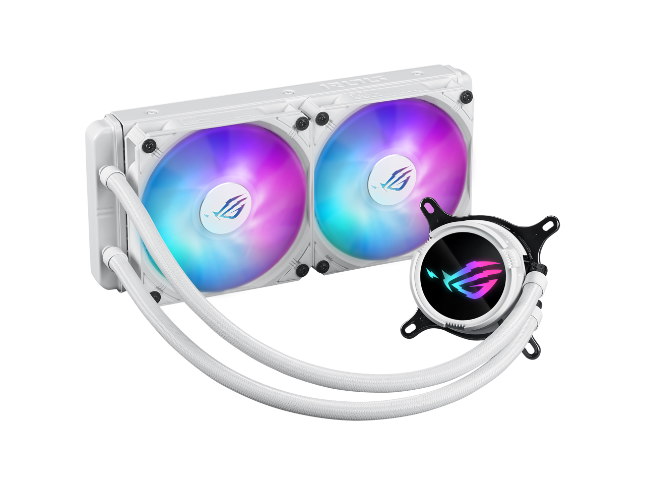 ASUS ROG Strix LC III 240 ARGB White Edition all-in-one CPU liquid cooler with 360° rotatable water block, Asetek’s new Gen7 v2 pump, premium ROG ARGB fans, and 10+ custom Aura lighting effects 2