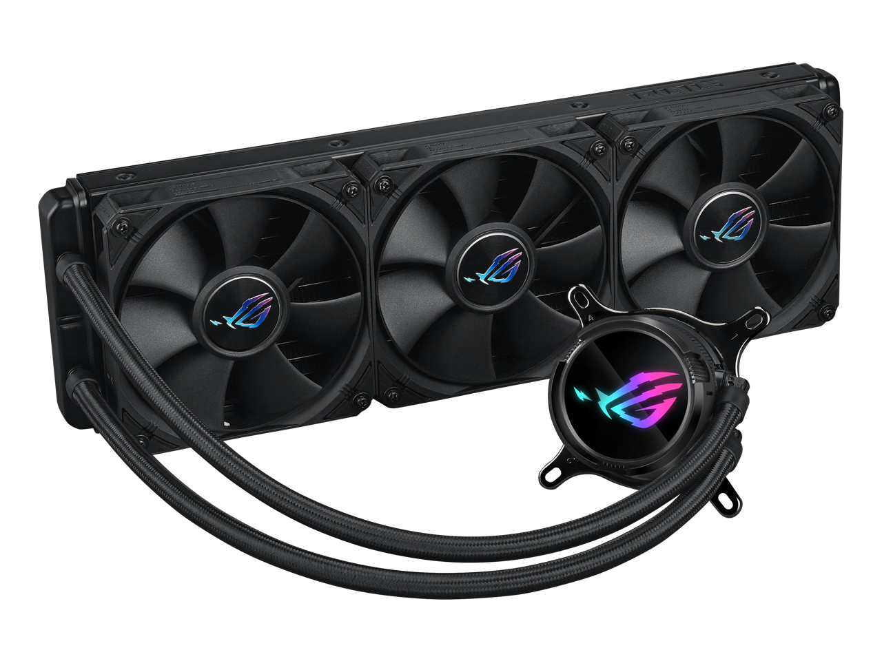 ASUS ROG Strix LC III 360 all-in-one CPU liquid cooler with 360° rotatable water block, Asetek’s new Gen7 v2 pump, premium ROG fans, and 10+ custom Aura lighting effects 2