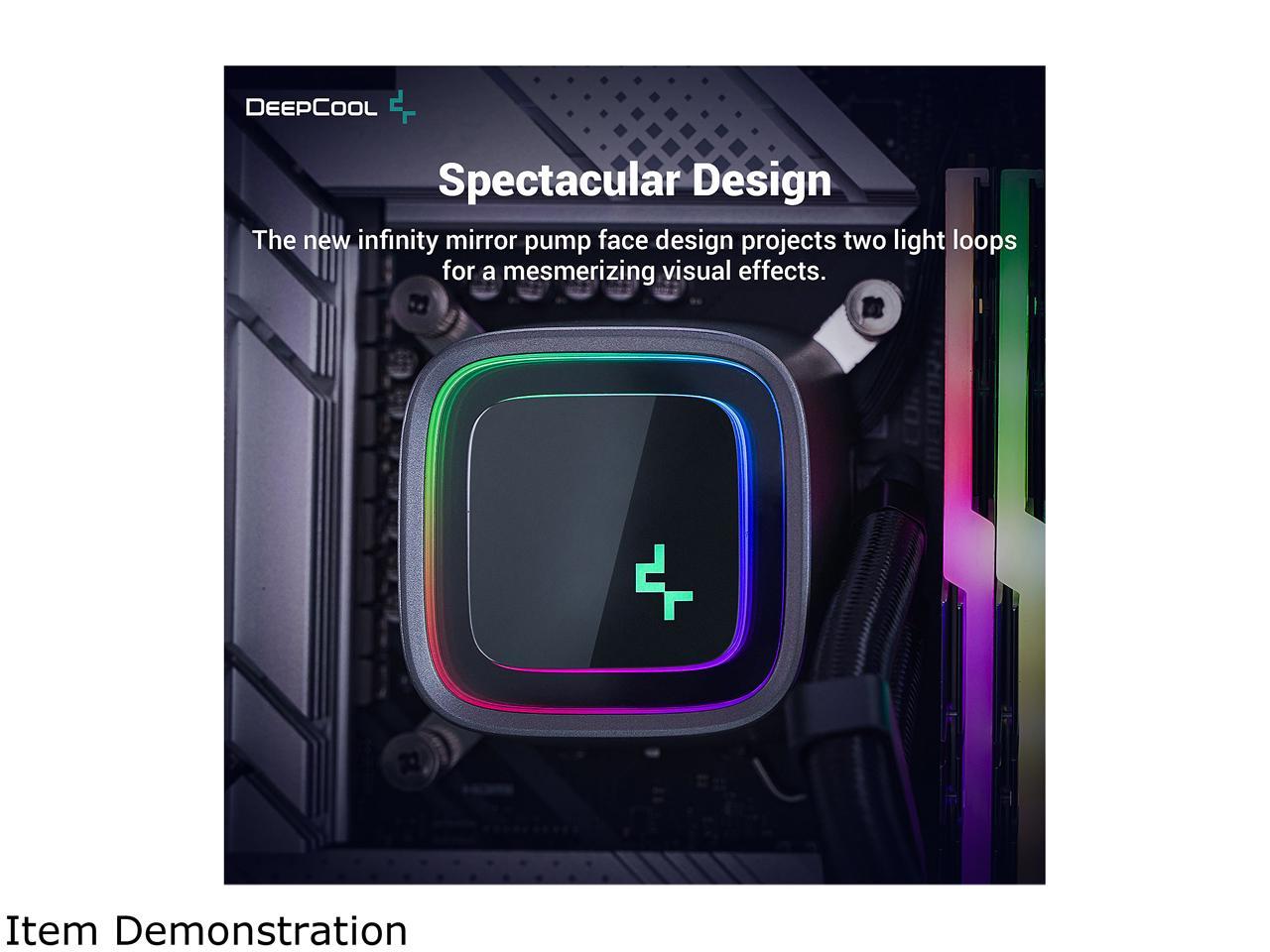 DeepCool LS520 High-Performance Liquid CPU Cooler, 240mm Radiator, 120mm A-RGB PWM Fan with Auto-RGB Function, Infinity Mirror Cap Design, Customizable Logo Plate, 5V A-RGB Software Control 5