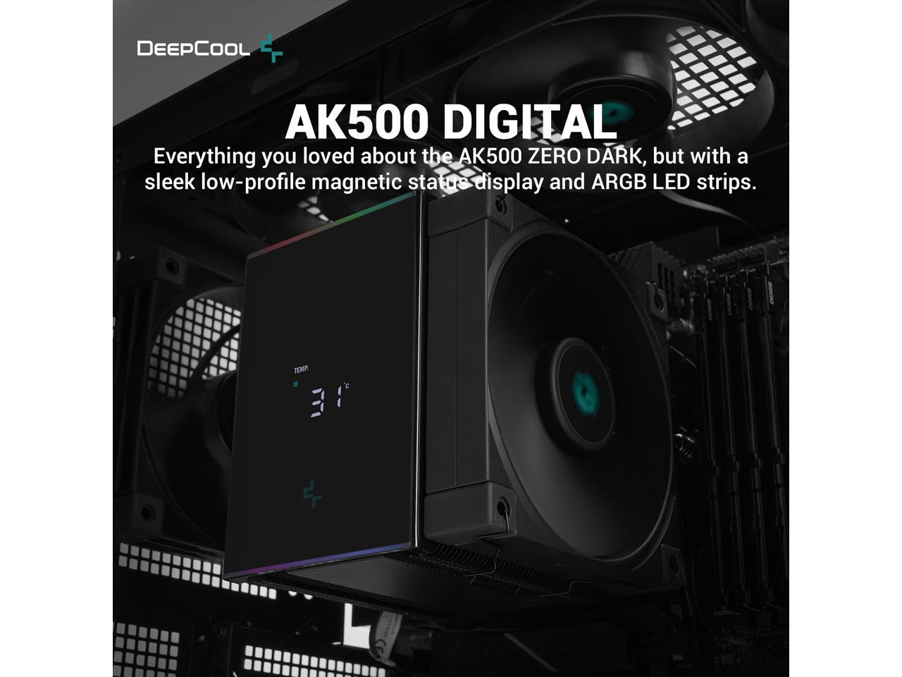 DeepCool AK500 DIGITAL Air Cooler, Single Wide Tower, Real-Time CPU Status Screen, 5 Offset Copper Heat Pipes, 240W Heat Dissipation, All Black Design 2