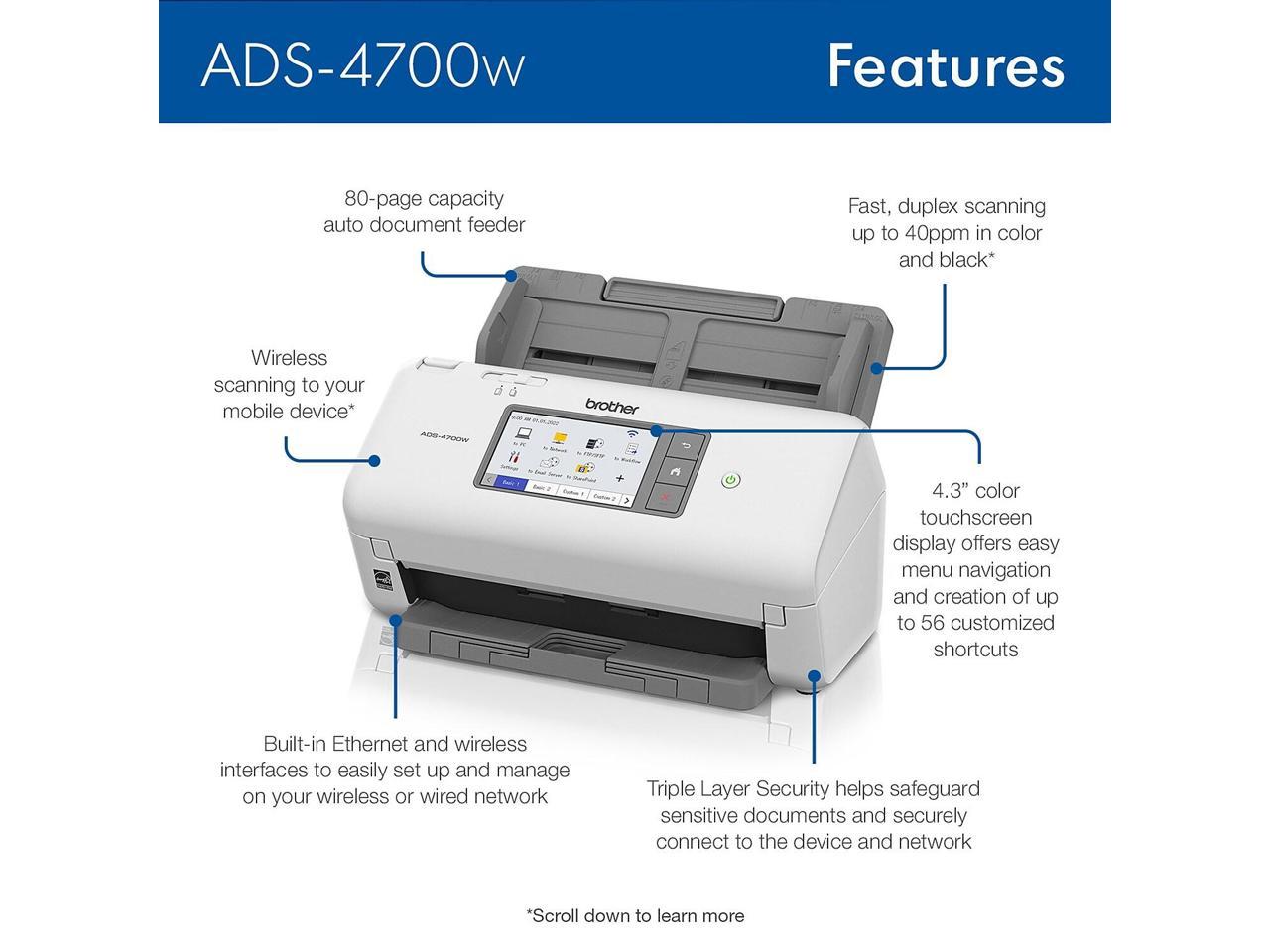 Brother ADS4700W 24 bit Dual CIS 600 x 600 dpi Sheet Fed Professional Desktop Scanner 4