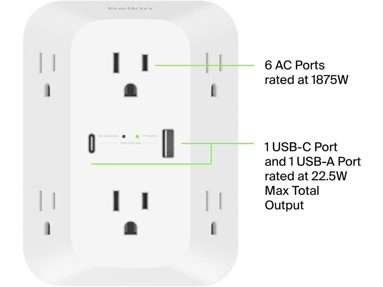 Belkin 6-Outlet Surge Protector Power Strip, Wall-Mountable with 6 AC Outlets, Overvoltage Protection, LED Indicator - USB-C Port & USB-A Port w/USB-C PD Fast Charging - 1680 Joules of Protection 2