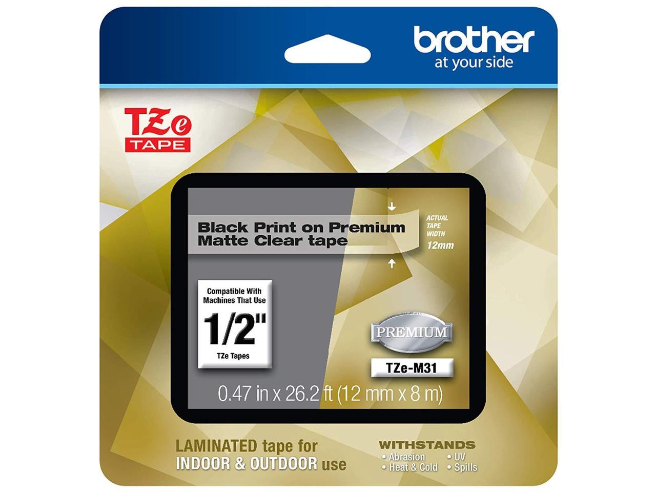 Brother TZeM31 Black Print on Premium Matte Clear Laminated Tape for P-touch Label Maker, 12.00 mm (0.47”) wide x 8.00 m (26.20 ft.) long 1