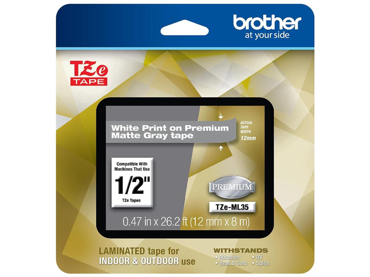 Brother TZeML35 White Print on Premium Matte Light Gray Laminated Tape for P-touch Label Maker, 12 mm (0.47") Wide x 8 m (26.20 ft.) Long 3