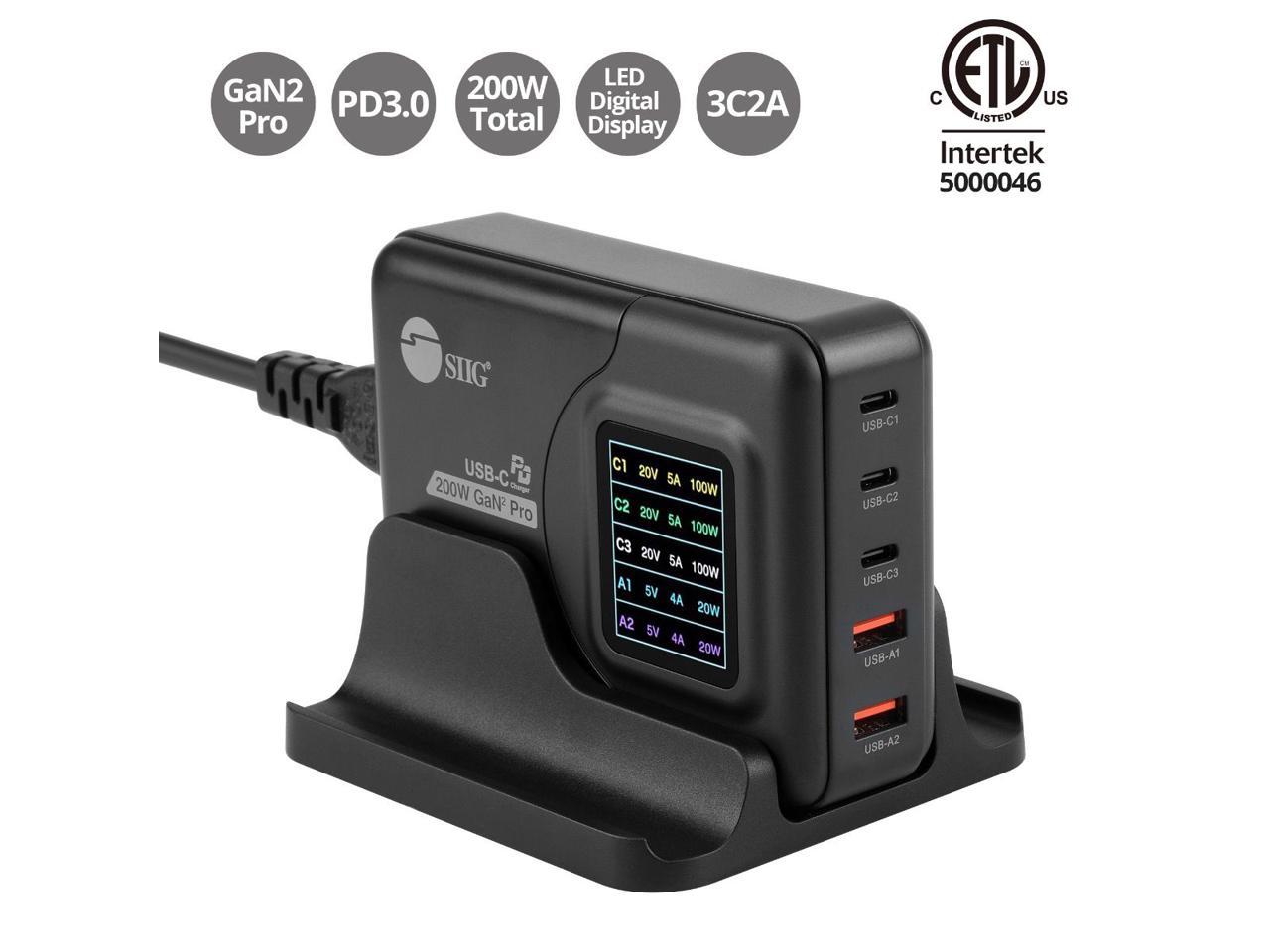 SIIG 200W GaN PD Charger with Charging Display - 3x USB-C + 2x USB-A - USB-C Power Adapter - Portable USB Type-C Charger - Black AC-PW1Y11-S1 2