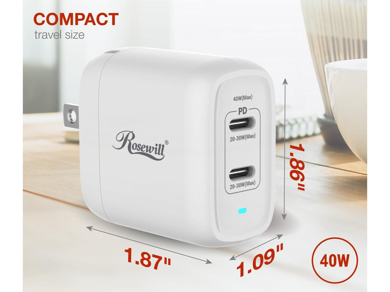 Rosewill 40W Two-Port GaN Wall Charger with 2 USB-C Ports (20W), Up to 30W Single Port Output, PD 3.0 Power Delivery for Laptops, Tablets and Phones, White - (RBWC-20036) 4