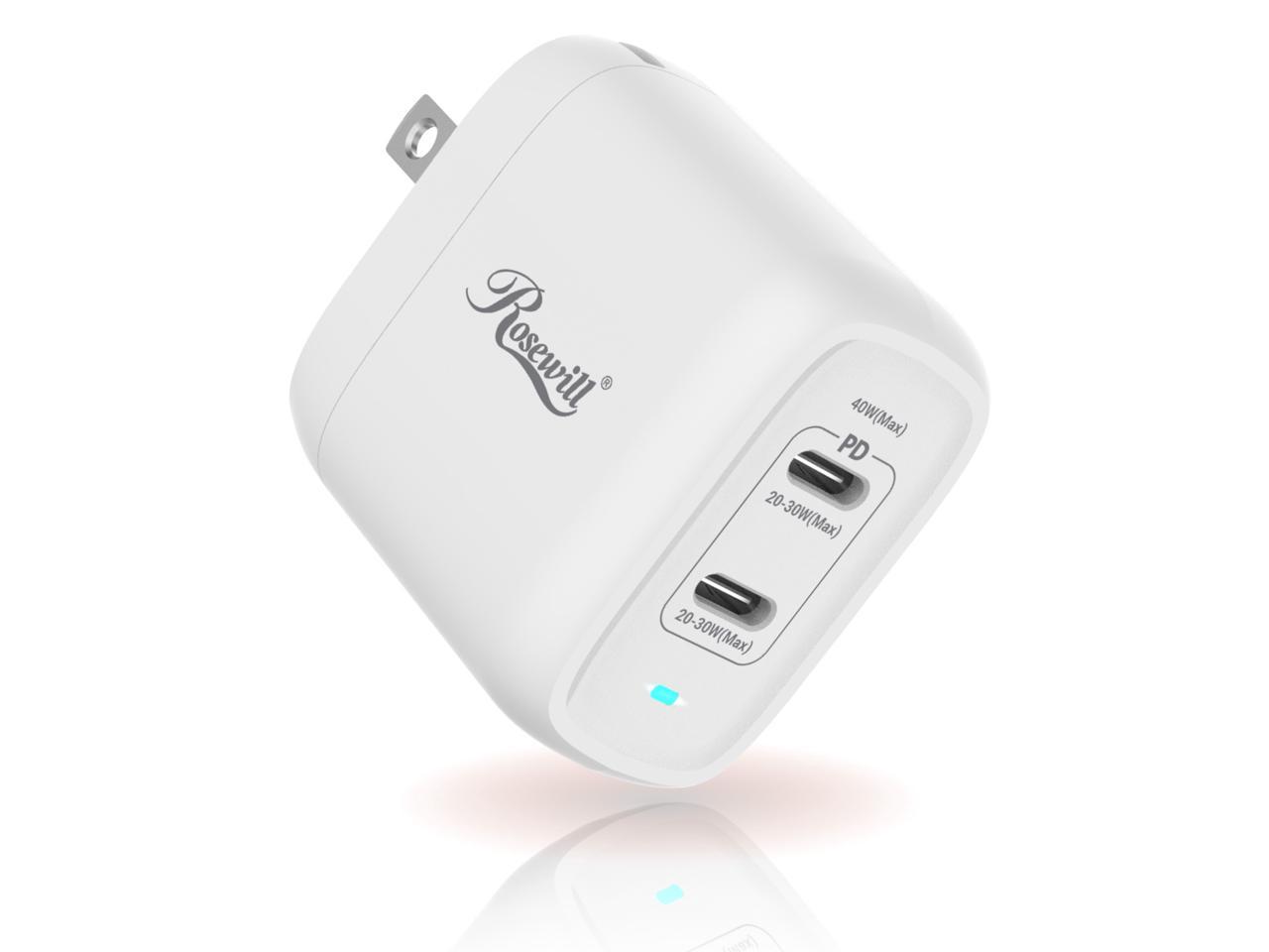 Rosewill 40W Two-Port GaN Wall Charger with 2 USB-C Ports (20W), Up to 30W Single Port Output, PD 3.0 Power Delivery for Laptops, Tablets and Phones, White - (RBWC-20036) 1