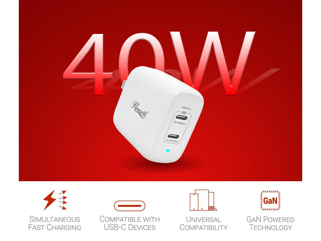 Rosewill 40W Two-Port GaN Wall Charger with 2 USB-C Ports (20W), Up to 30W Single Port Output, PD 3.0 Power Delivery for Laptops, Tablets and Phones, White - (RBWC-20036) 2