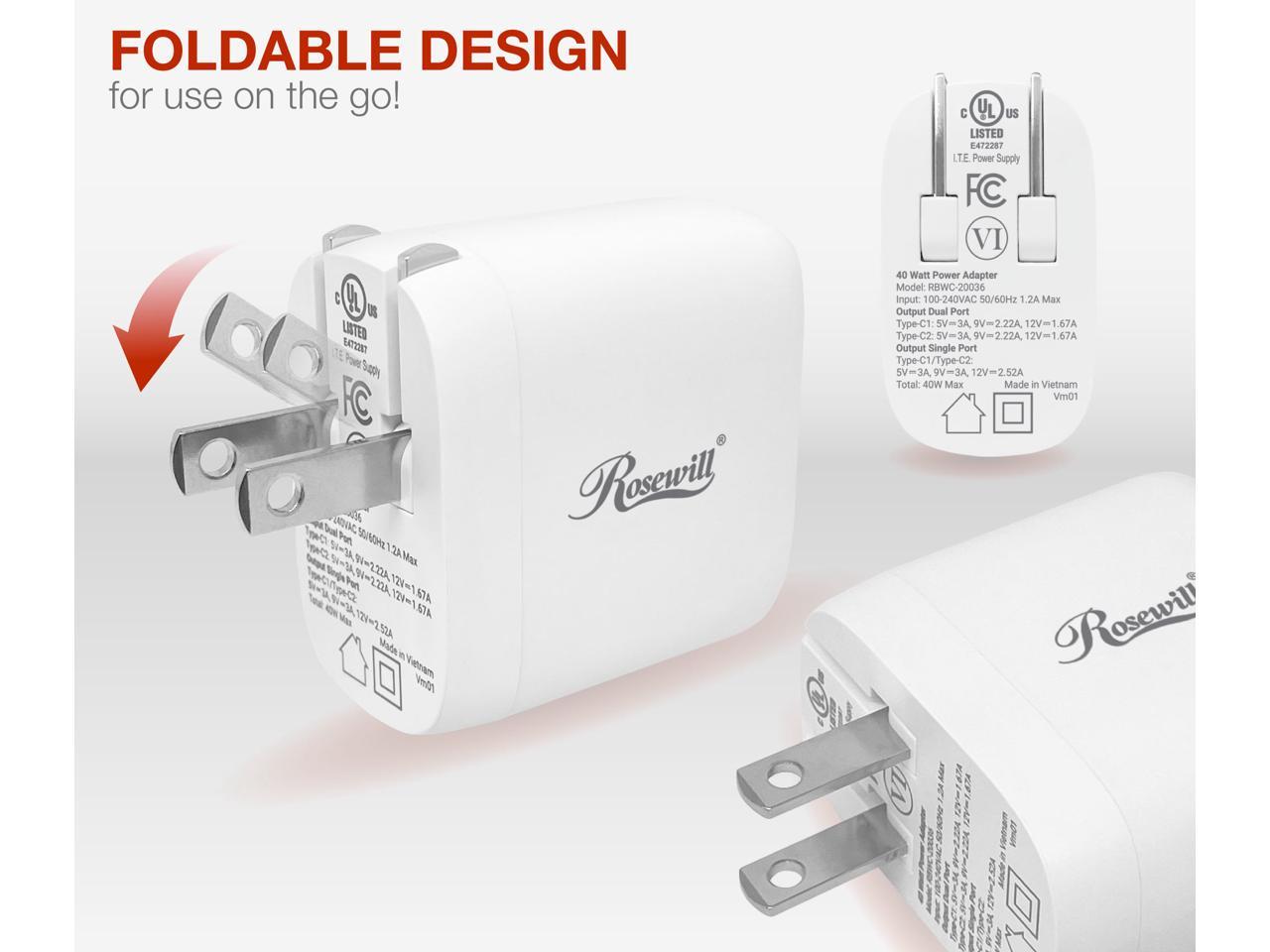 Rosewill 40W Two-Port GaN Wall Charger with 2 USB-C Ports (20W), Up to 30W Single Port Output, PD 3.0 Power Delivery for Laptops, Tablets and Phones, White - (RBWC-20036) 5