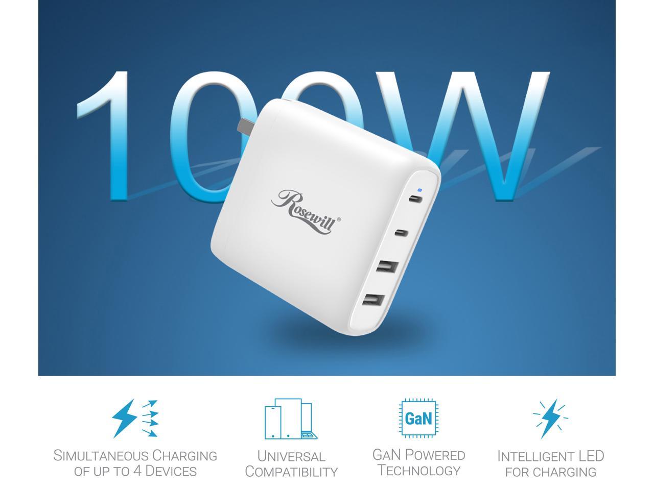 Rosewill 100W Four-Port GaN Wall Charger with 2 USB-C Ports (65W + 18W) and 2 USB-A Ports (12W), PD 3.0 Power Delivery for Laptops, Tablets and Phones, White - (RBWC-20025) 2