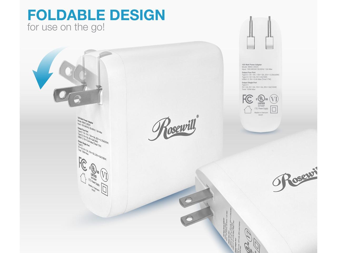 Rosewill 100W Four-Port GaN Wall Charger with 2 USB-C Ports (65W + 18W) and 2 USB-A Ports (12W), PD 3.0 Power Delivery for Laptops, Tablets and Phones, White - (RBWC-20025) 5