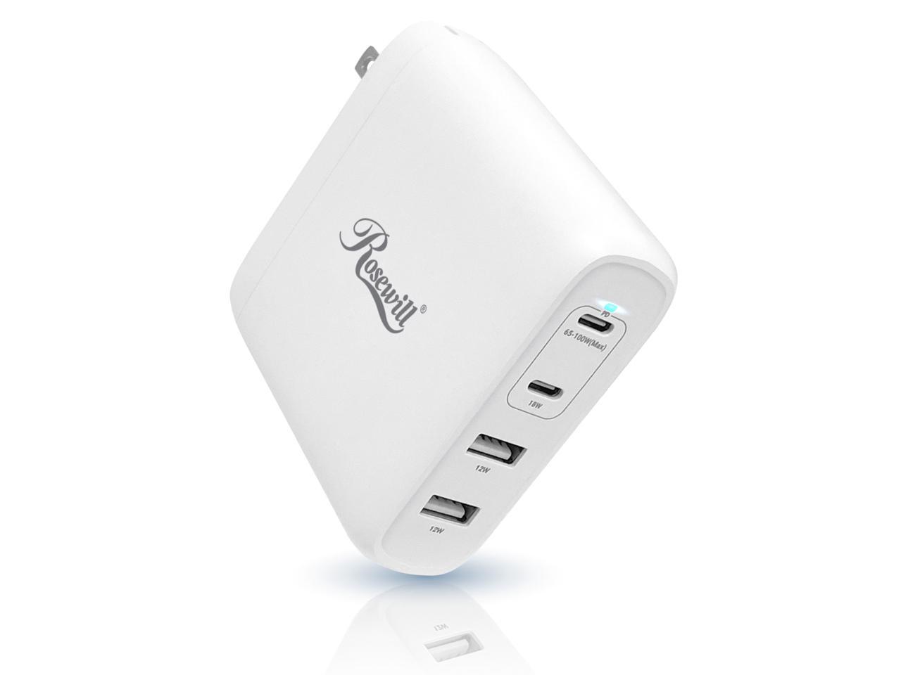 Rosewill 100W Four-Port GaN Wall Charger with 2 USB-C Ports (65W + 18W) and 2 USB-A Ports (12W), PD 3.0 Power Delivery for Laptops, Tablets and Phones, White - (RBWC-20025) 1