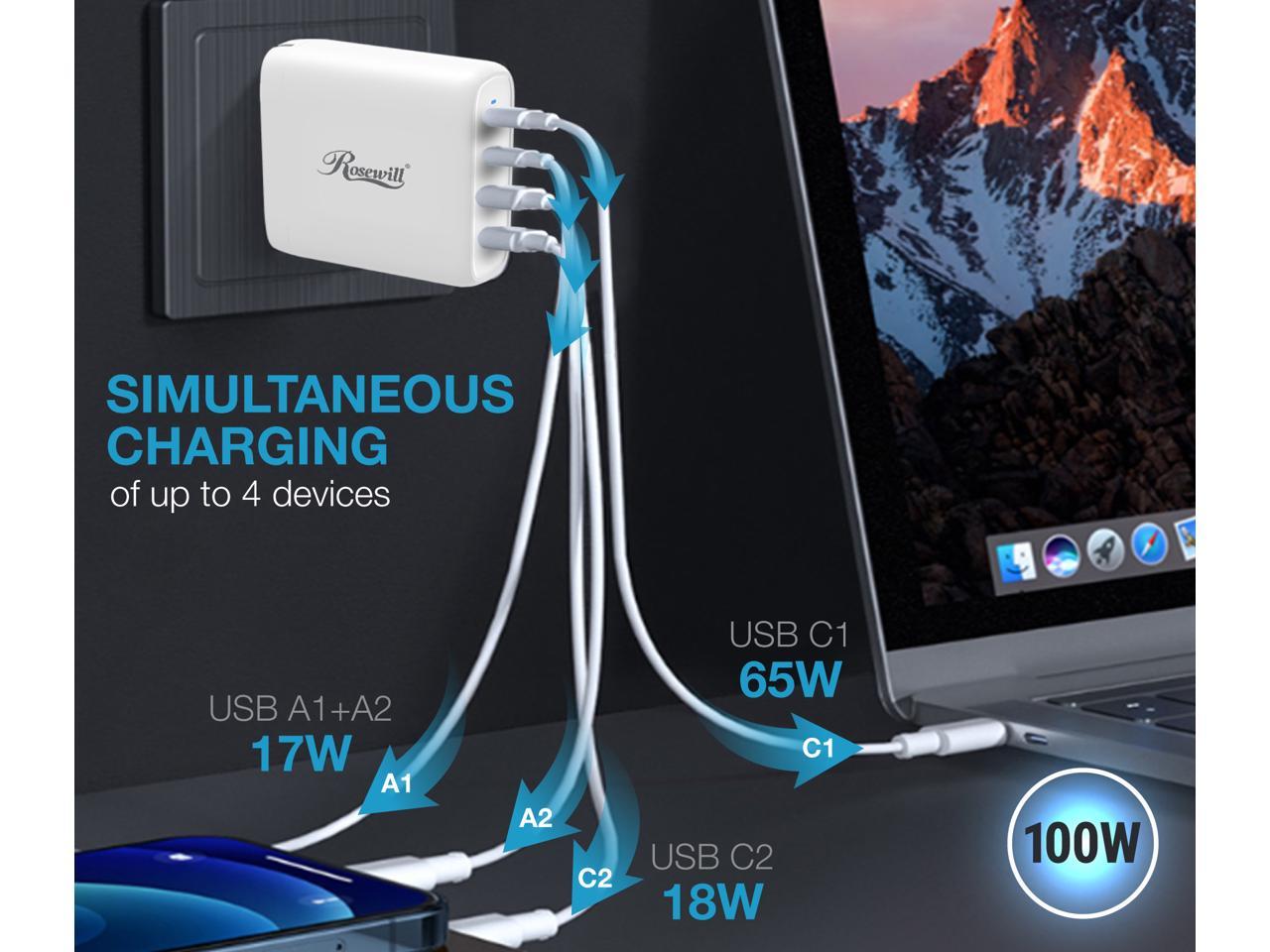 Rosewill 100W Four-Port GaN Wall Charger with 2 USB-C Ports (65W + 18W) and 2 USB-A Ports (12W), PD 3.0 Power Delivery for Laptops, Tablets and Phones, White - (RBWC-20025) 3