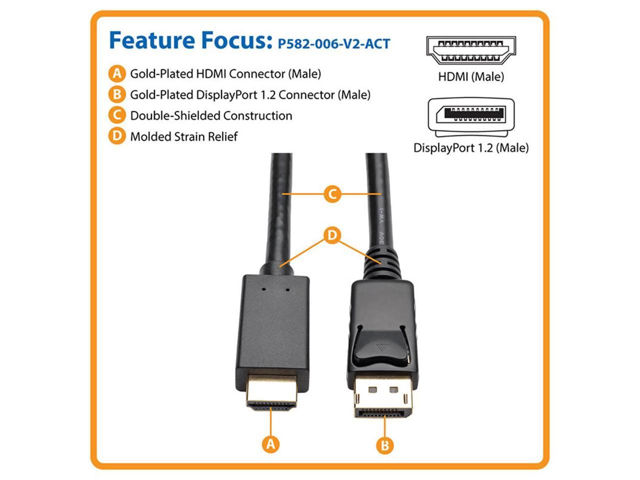 Tripp Lite P582-006-V2-ACT 6 ft. Black Connector A	DISPLAYPORT (MALE)
Connector B	HDMI (MALE) DisplayPort 1.2 to HDMI Active Adapter Cable, DP with Latches to HDMI (M/M), UHD 4K x 2K/1080p Male to Male 4