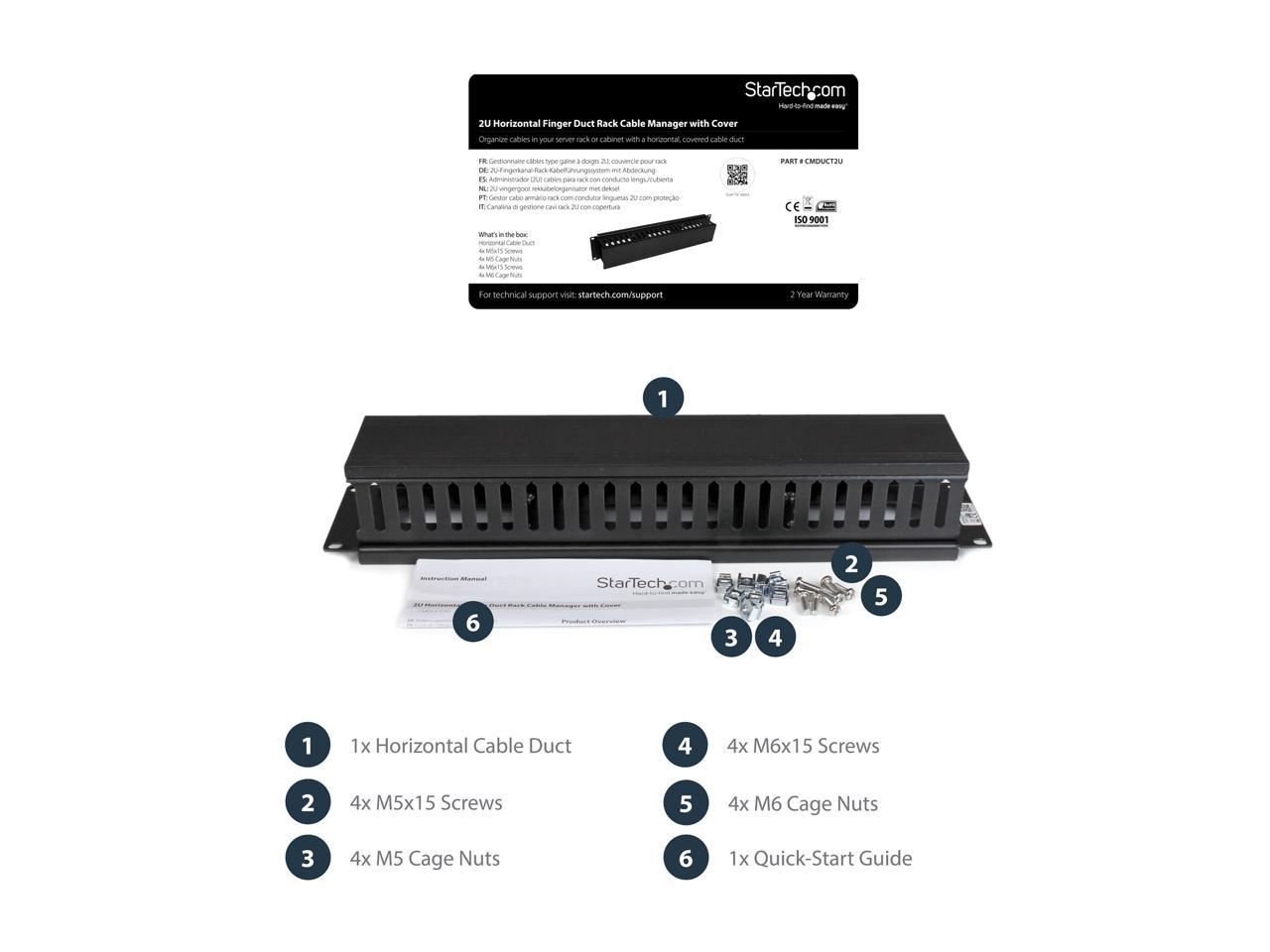 StarTech.com 2U Horizontal Finger Duct Rack Cable Management Panel with Cover 2