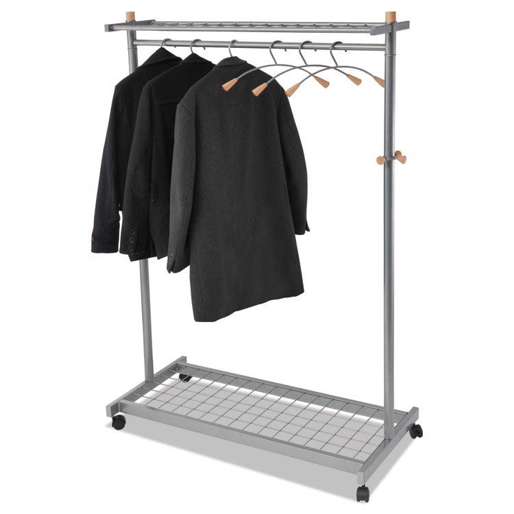 Garment Racks, Two-Sided, 2-Shelf Coat Rack, 6 Hanger/6 Hook, 44.8w x 21.67d x 70.8h, Silver/Wood 2