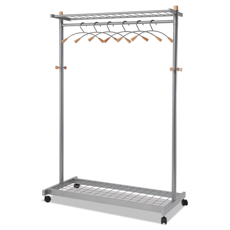 Garment Racks, Two-Sided, 2-Shelf Coat Rack, 6 Hanger/6 Hook, 44.8w x 21.67d x 70.8h, Silver/Wood 1