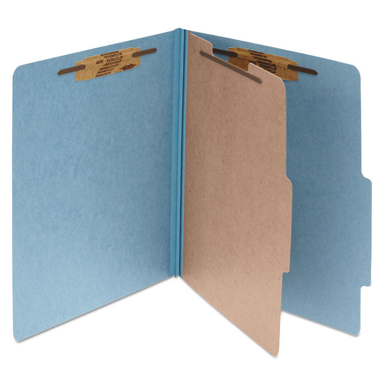 Pressboard Classification Folders, 2" Expansion, 1 Divider, 4 Fasteners, Letter Size, Sky Blue Exterior, 10/Box 1