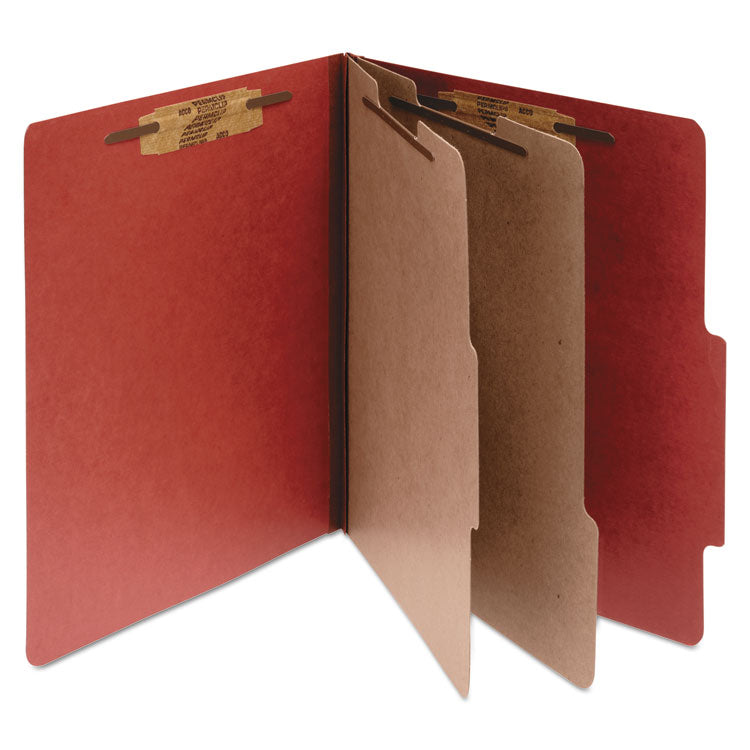 Pressboard Classification Folders, 3" Expansion, 2 Dividers, 6 Fasteners, Letter Size, Earth Red Exterior, 10/Box 1