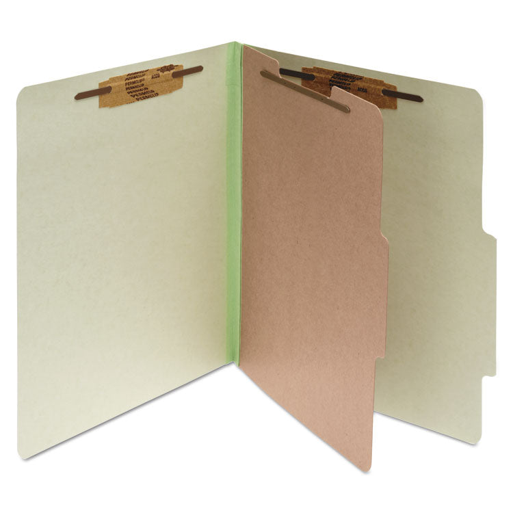 Pressboard Classification Folders, 2" Expansion, 1 Divider, 4 Fasteners, Letter Size, Leaf Green Exterior, 10/Box 1