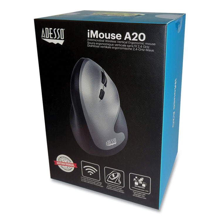 Imouse A20 Antimicrobial Vertical Wireless Mouse, 2.4 Ghz Frequency/33 Ft Wireless Range, Right Hand Use, Black/granite 1