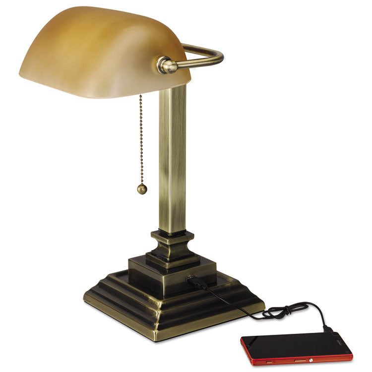 Traditional Banker's Lamp with USB, 10w x 10d x 15h, Antique Brass 1