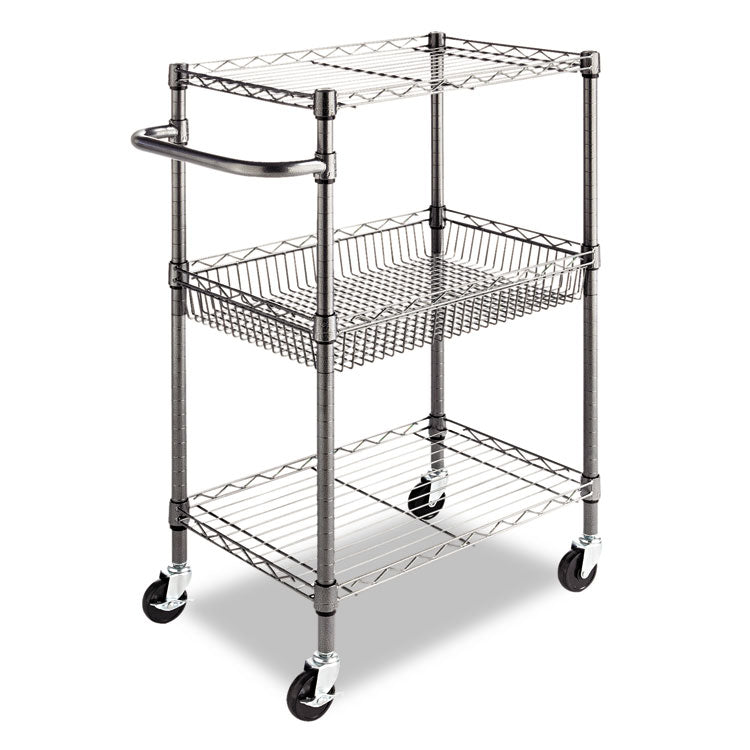 Three-Tier Wire Cart with Basket, Metal, 2 Shelves, 1 Bin, 500 lb Capacity, 28" x 16" x 39", Black Anthracite 1