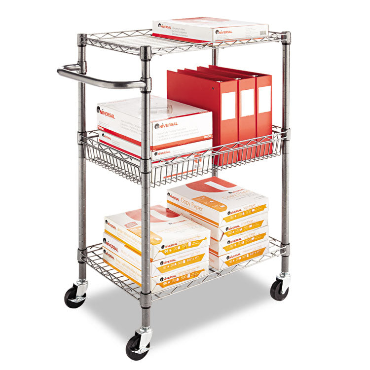 Three-Tier Wire Cart with Basket, Metal, 2 Shelves, 1 Bin, 500 lb Capacity, 28" x 16" x 39", Black Anthracite 6