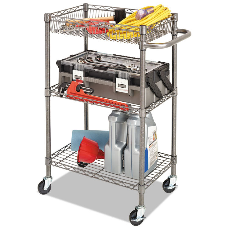 Three-Tier Wire Cart with Basket, Metal, 2 Shelves, 1 Bin, 500 lb Capacity, 28" x 16" x 39", Black Anthracite 3