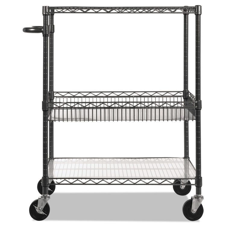 Three-Tier Wire Cart with Basket, Metal, 2 Shelves, 1 Bin, 500 lb Capacity, 34" x 18" x 40", Black Anthracite 2