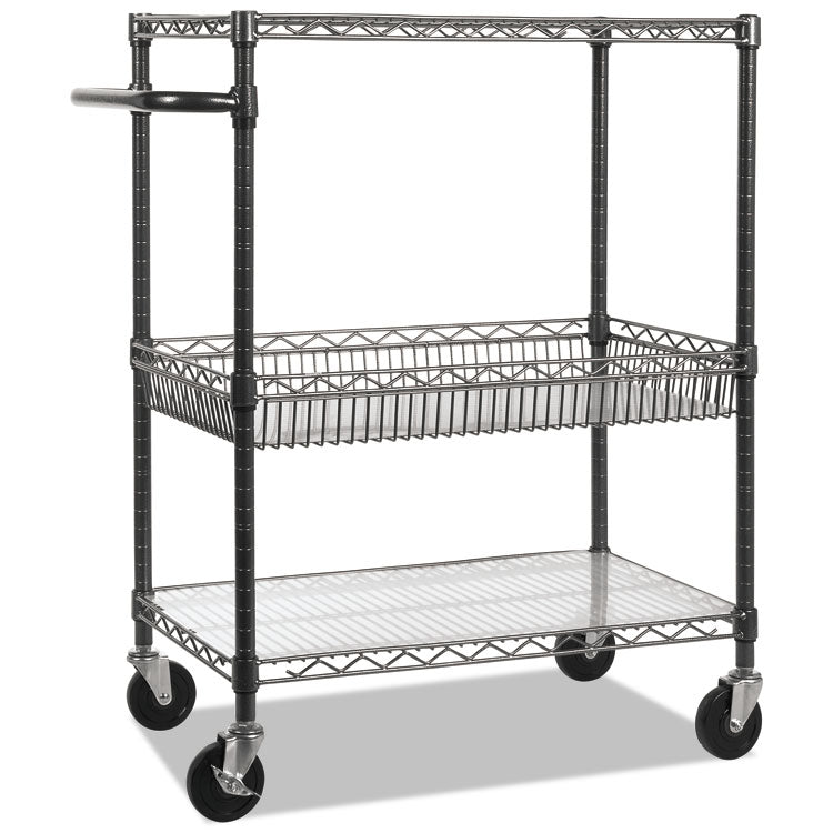 Three-Tier Wire Cart with Basket, Metal, 2 Shelves, 1 Bin, 500 lb Capacity, 34" x 18" x 40", Black Anthracite 3