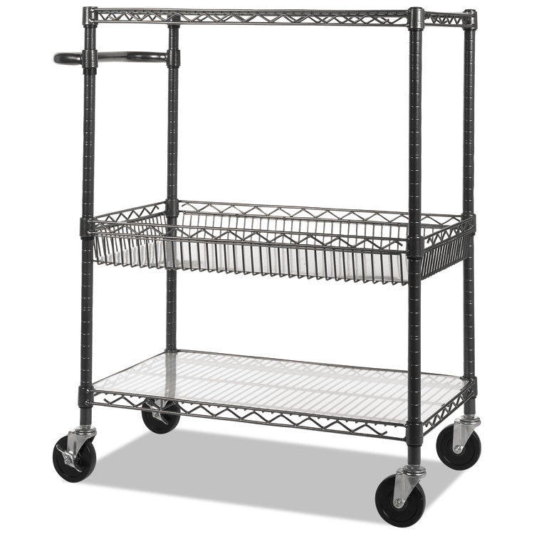 Three-Tier Wire Cart with Basket, Metal, 2 Shelves, 1 Bin, 500 lb Capacity, 34" x 18" x 40", Black Anthracite 1