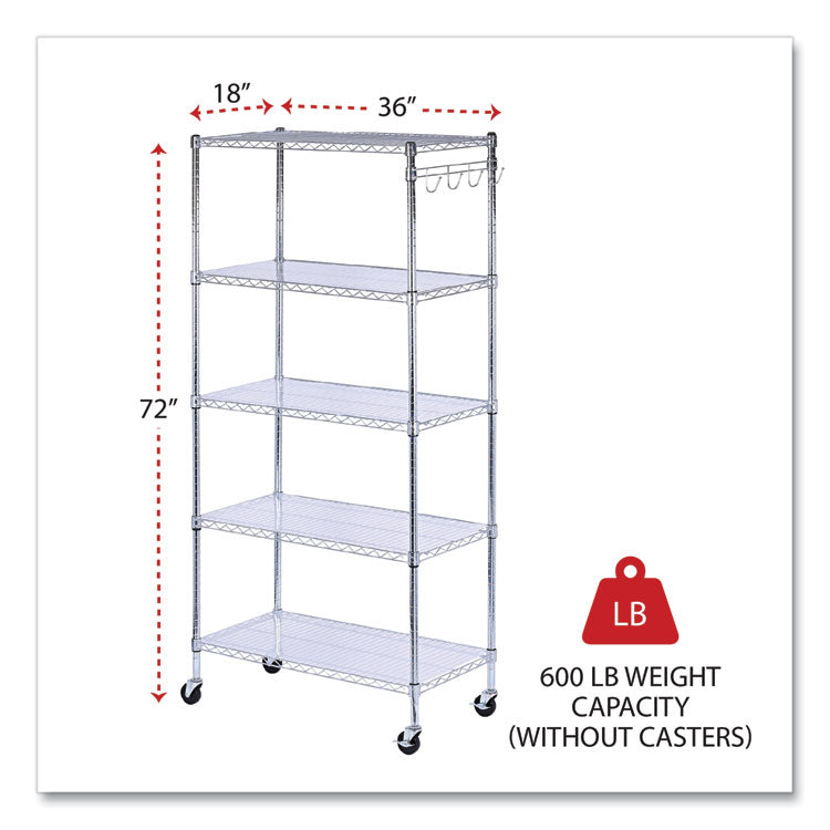 5-Shelf Wire Shelving Kit With Casters And Shelf Liners, 36w X 18d X 72h, Silver 2