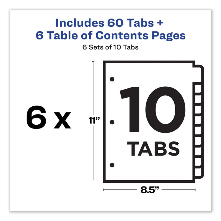 Customizable TOC Ready Index Multicolor Tab Dividers, 10-Tab, 1 to 10, 11 x 8.5, White, Traditional Color Tabs, 6 Sets 4