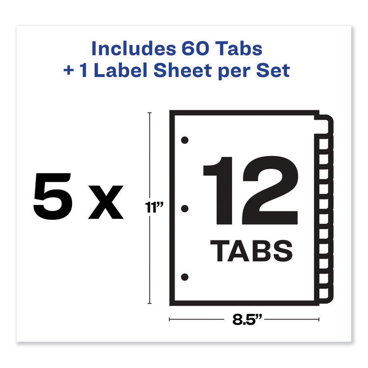 Print and Apply Index Maker Clear Label Dividers, 12-Tab, Color Tabs, 11 x 8.5, White, 5 Sets 5