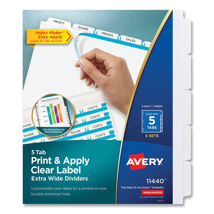 Print and Apply Index Maker Clear Label Dividers, Extra Wide Tab, 5-Tab, White Tabs, 11.25 x 9.25, White, 5 Sets 1