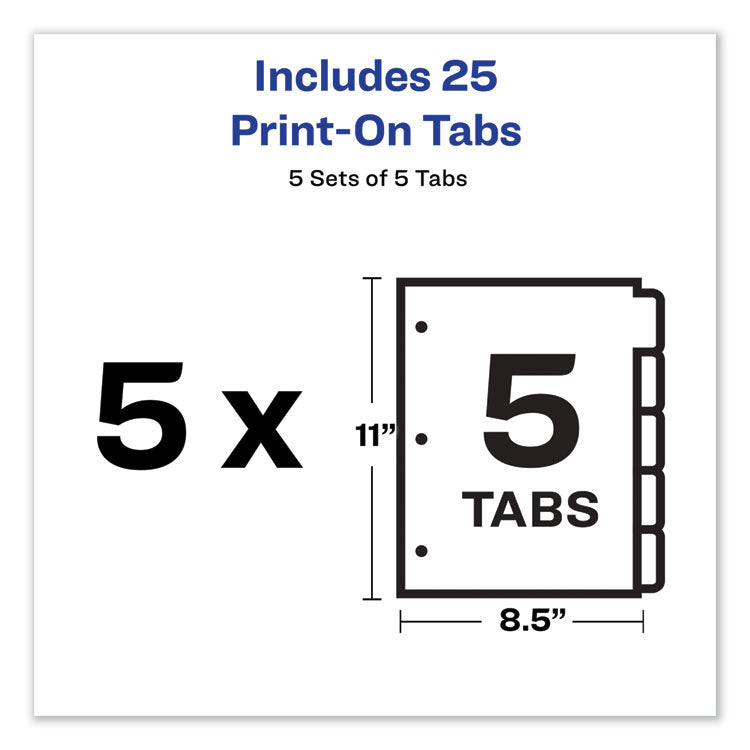 Customizable Print-On Dividers, 3-Hole Punched, 5-Tab, 11 x 8.5, White, 5 Sets 5