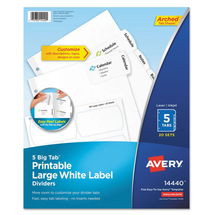 Big Tab Printable Large White Label Tab Dividers, 5-Tab, 11 x 8.5, White, 20 Sets 1