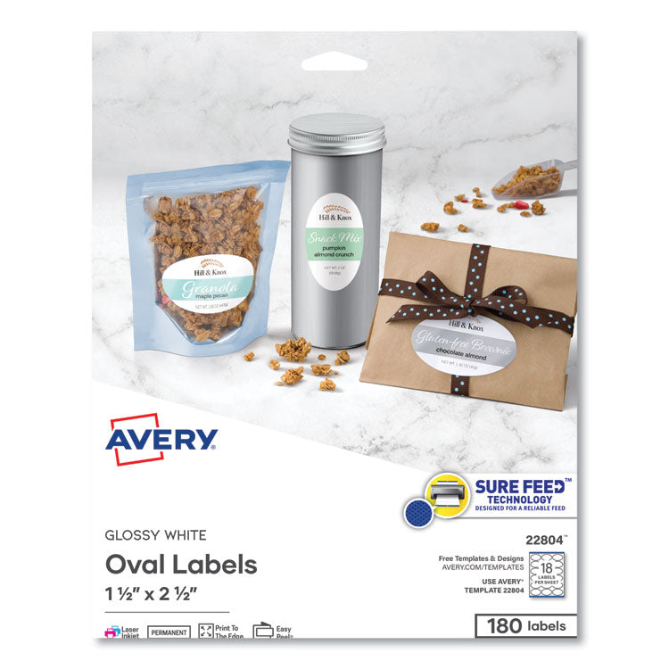 Oval Labels with Sure Feed and Easy Peel, 1.5 x 2.5, Glossy White, 180/Pack 1