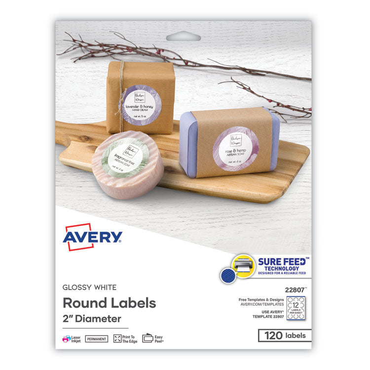 Round Print-To-The Edge Labels With Sure Feed And Easy Peel, 2" Dia, Glossy White, 120/pk 1