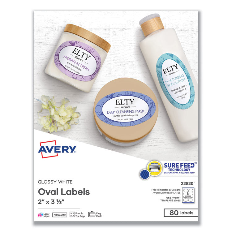 Oval Labels W/ Sure Feed And Easy Peel, 2 X 3.33, Glossy White, 80/pack 1