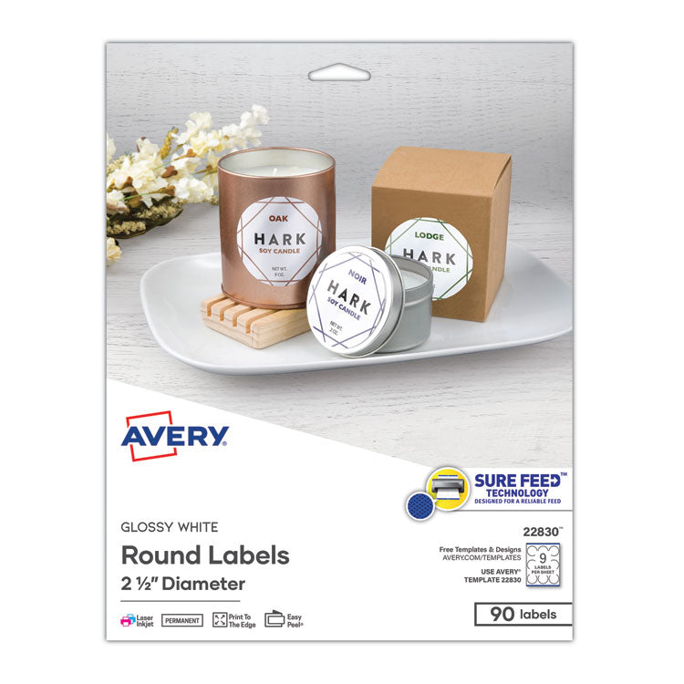 Round Print-To-The Edge Labels With Surefeed, 2.5" Dia, Glossy White, 90/pk 1