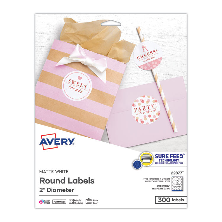 Round Print-to-the Edge Labels with SureFeed and EasyPeel, 2" dia, Matte White, 300/Pack 1