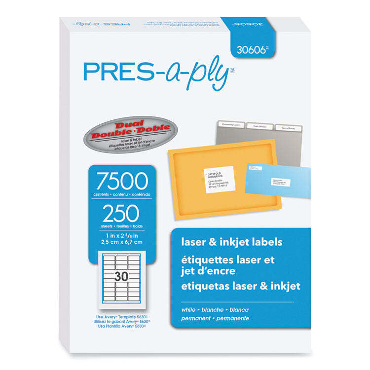 Labels, Laser Printers, 1 X 2.63, White, 30/sheet, 250 Sheets/box 1