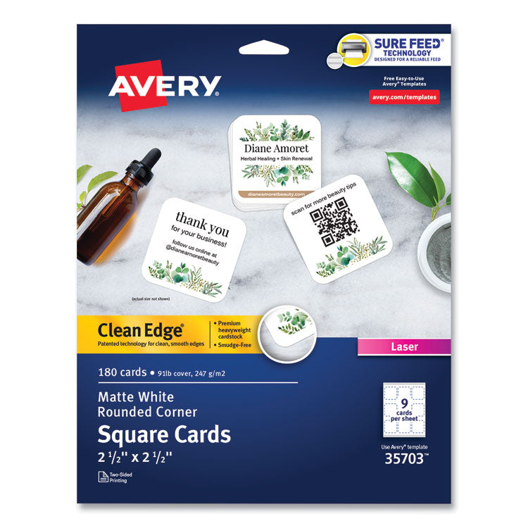 Square Clean Edge Cards with Sure Feed Technology, Laser, 2.5 x 2.5, White, 180 Cards, 9 Cards/Sheet, 20 Sheets/Pack 1